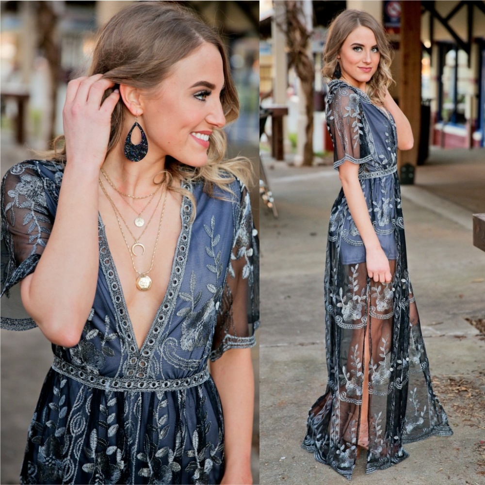 LAST ONE! Gun Metal Lace Romper Maxi Dress - Picture 2 of 6